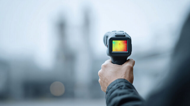 Hand holding thermal imaging camera. Illustrates heat detection, inspection, science. Represents innovation, technology, building analysis. Investigative concept.