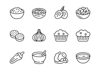 Collection of black and white line art icons of food and drink items bowl
