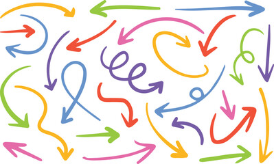 Colorful and monochrome arrow doodle collection with loops, spirals, and turns—perfect for navigation visuals, educational tools, vector illustrations, or abstract interface graphics.