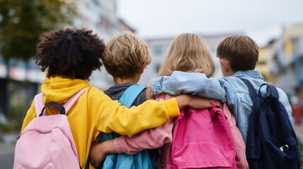 Friends enjoying a casual walk on a cloudy day with backpacks in the city