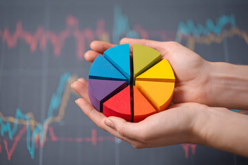 Hands holding colorful pie chart segments with financial graph background
