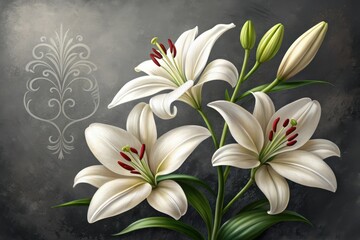 Fototapeta premium Beautiful white lily flowers floral arrangement on dark background art print
