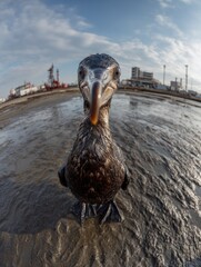 Sea bird affected by an oil spill closeup