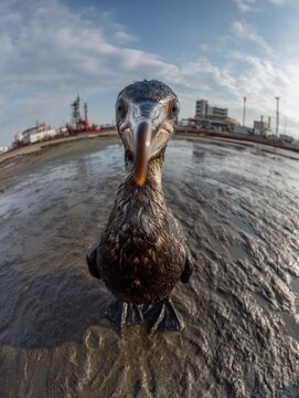 Sea bird affected by an oil spill closeup