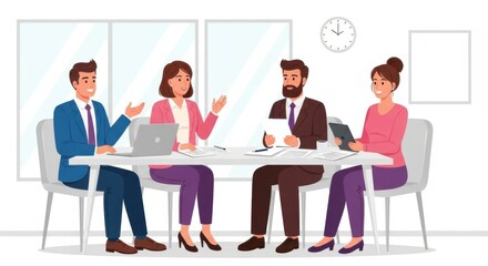 A diverse group of four professionals are seated around a table in a modern office actively engaged in a business meeting