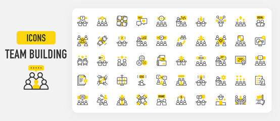 Team building icons. High Five, Teamwork, Workshop, Leadership, Group Discussion, Team, Strategy, Alternate, Development, Presentation, Link vector stroke illustration.	
