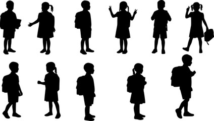 Silhouettes of School Kids isolated on a white background, Little Boy and Girl silhouette, School children silhouettes