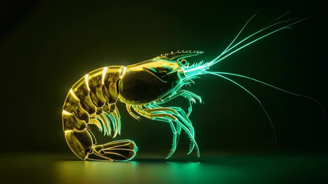 Neon shrimp glowing with vibrant pink and blue colors against a dark background.