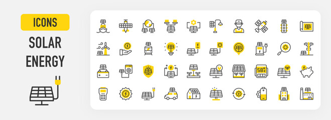 Solar energy icons. Repair, Windmill, Bulb, Home, Save Energy, Solar Cell, Shield, Meter, Setup, Thermometer, Battery, Renewable Energy, Sun Energy vector stroke illustration.   © Picvault
