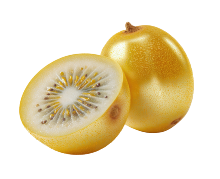 Two golden kiwi fruit, one whole and one sliced, detailed graphic