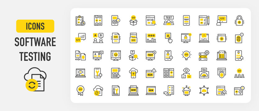 Software testing icons. Edge Computing, Box, New Features, Bug, Choice, Testing, Lightbulb, Cloud Computing, Test, File, Rating, Teamwork, Safe, Browser vector stroke illustration.	
