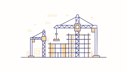 Illustration of a construction site with two cranes lifting materials for a building under development project