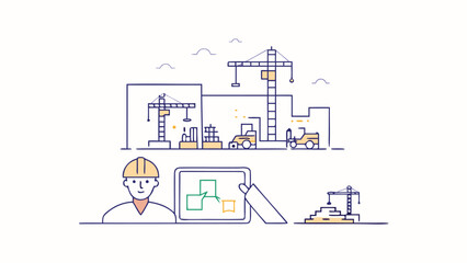 Illustration of a construction worker with a tablet overseeing a construction site with cranes and vehicles