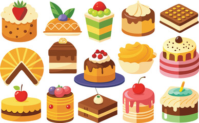 Collection of stylized cakes and desserts including fruit topped pastries and chocolate delicacies assortment of colorful sweet treats