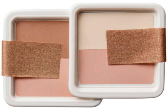Two-toned, square compact powder.  Beige and peach tones.  Small, square, and divided container.  Beige/peach color palette