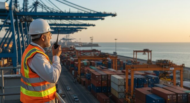 Port Supervisor Observing Cargo Operations from Elevated Dock Platform