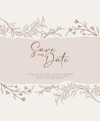 Bohemian Floral Save the Date Template. Torn Paper Effect Wedding Card 