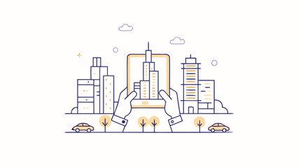 Illustration of hands holding a tablet displaying a cityscape with buildings and cars in a stylized design