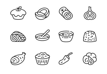 Collection of twelve black line art food icons on white background illustration drawing