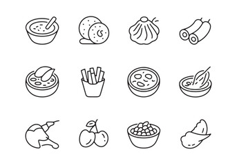 Collection of twelve black line art food icons on white background vector