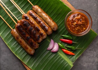 Grilled sausages on skewers served with spicy dipping sauce fresh chilies and sliced onions on a banana leaf