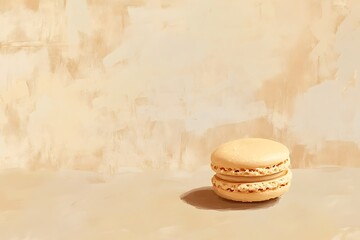 Light tan background with a single macaron in pale yellow, soft and fluffy appearance 