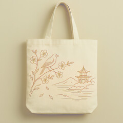Eastern vintage fashion accessory, chinoiserie home & gift trend, minimalist Asian botanical tote,Chinoiserie tote bag with gold line art, for vintage lovers with elegant bird and floral design
