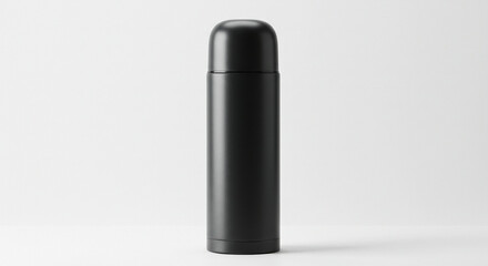 Matte black stainless steel thermos on white background.