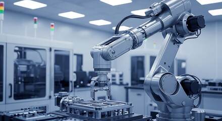 Automated Manufacturing Robot Arm Working in Factory Setting