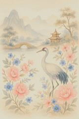 Luxury chinoiserie home decor, watercolor Asian crane art, floral oriental fantasy scene,Chinoiserie watercolor landscape with birds and blossoms,featuring floral details,landscape with cranes