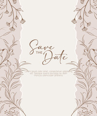 Minimal Elegant Floral Wedding Invitation. Save the Date Card with Torn Edge Paper Design