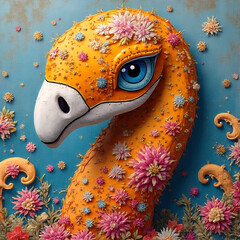 Whimsical fantasy animal artwork,Surreal floral character design,Decorative colorful fantasy birds for home décor,, Fantasy floral bird creature with flower-covered body close up of a head of a bird 