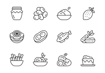 Collection of twelve simple black line art food icons on white background vector