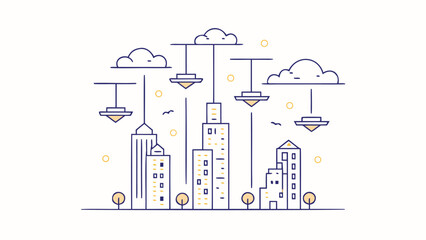 Illustration of a cityscape with buildings, clouds, streetlights, trees and birds in a simple line drawing
