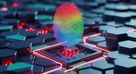 Rainbow Fingerprint on Tech Circuit. A Biometric Security and Digital Identity