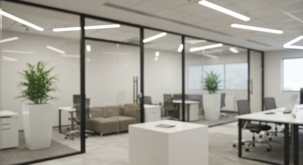 Fototapeta premium Blurred Modern Office Interior with Minimalist Design and Natural Light