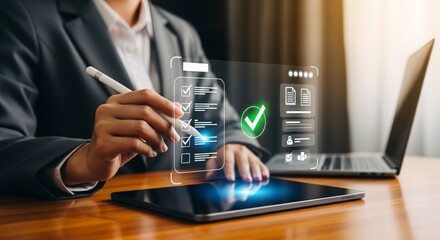 Digital Approval: A professional elegantly uses a digital pen, interacting with an advanced holographic interface, representing modern business processes.