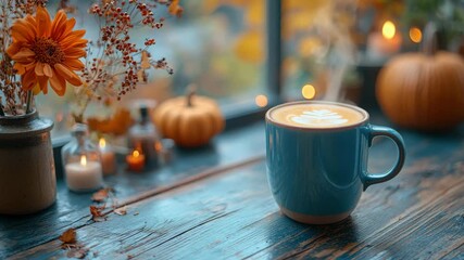 Cozy autumn morning with coffee, pumpkins and candles creating warm atmosphere - Powered by Adobe