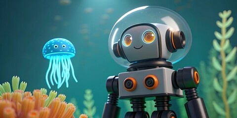 A curious robot encounters a glowing jellyfish in a vibrant underwater scene