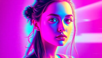 Portrait of a woman with neon lighting and digital glitch effect in a vibrant color scheme