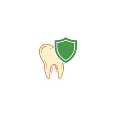 Professional dental care shield symbol protecting a healthy tooth, representing oral health and hygiene.