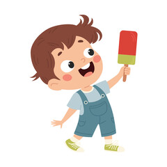 Cute happy boy with ice cream. Summer holidays, joy, relaxation. Cartoon vector illustration on white background