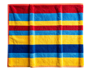 Unfolded Striped Terry Beach Towel Spread Flat, Sunlit Texture, Top-Down View, Transparent Background