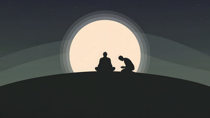 Minimalist Digital Illustration of Two Silhouetted Figures Meditating Under a Full Moon in a Quiet, Starry Night Landscape