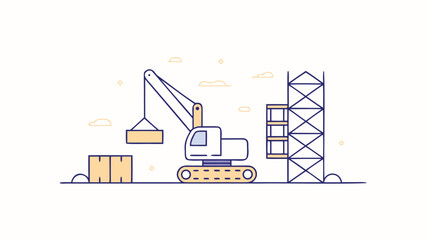 Illustration of a crane lifting a container at a construction site with a tower structure nearby