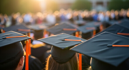 Graduation Ceremony: Row of Academic Caps with Blurry Graduates