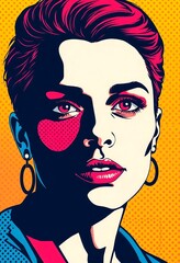 Portrait of a woman with red hair and red lips in a pop art style on a yellow dotted background