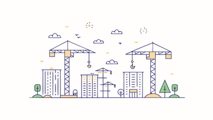 Illustration of a cityscape with buildings under construction and cranes with clouds and trees around it