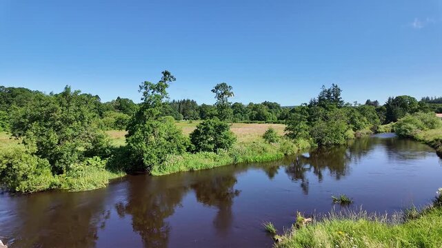 Drymen Glasgow Scotland UK. 08.07.2025. Video. The Endrick Water at Drymen village flowing to Loch Lomond Western Scotland. UK. Seen from bridge.