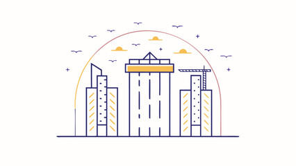 Illustration of a cityscape with buildings, birds, suns, and a crane under an arch on a white background